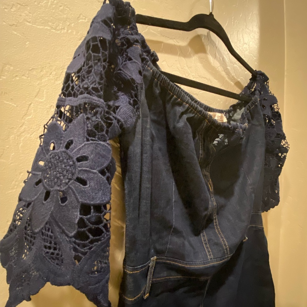 Navy Denim Blue Lace Sleeve Dress - Picture 3 of 8